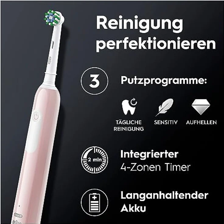 Oral-B Pro 1 Elektrische Zahnbürste/Electric Toothbrush für eine gründliche Zahnreinigung, Doppelpack, 3 Putzmodi inkl. Sensitive Zahnpflegee, Drucksensor & Timer, Designed by Braun, schwarz/pink – Bild 4