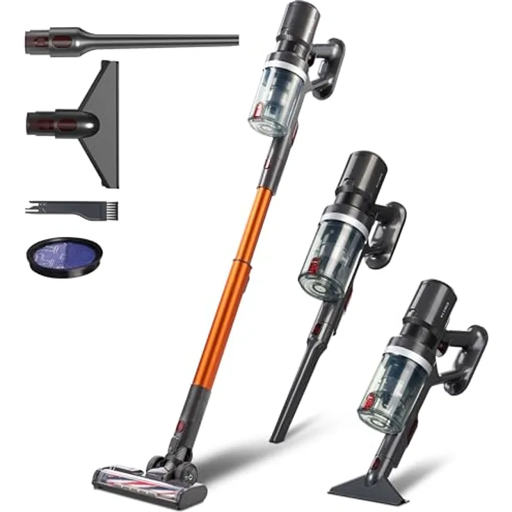 KLAMER Akku Staubsauger 2-in-1, kabellos & Handstaubsauger mit 60 min Akkulaufzeit, für Teppich, Auto, Hartböden, Polster & Tierhaare, LED-Bodenkopfbeleuchtung