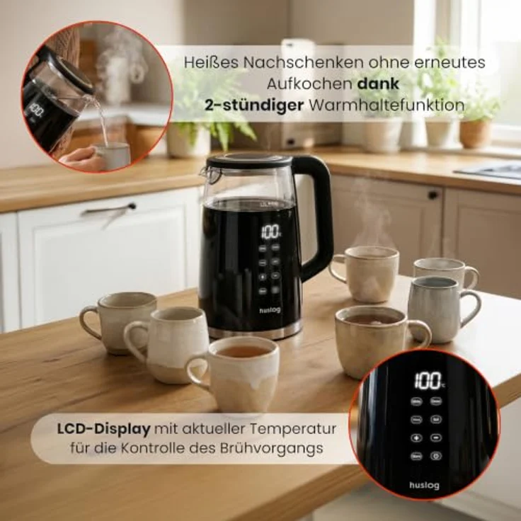 Huslog Elektrischer Wasserkocher 1,7L mit Temperaturanzeige, 2200W Touchpanel aus Glas – Bild 4
