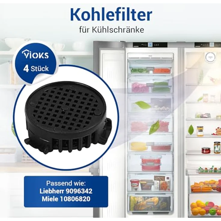 VIOKS Kohlefilter Set 4 Stk für Kühlschrank LIEBHERR 9096342, Aktivkohlefilter 45mmØ – Bild 2