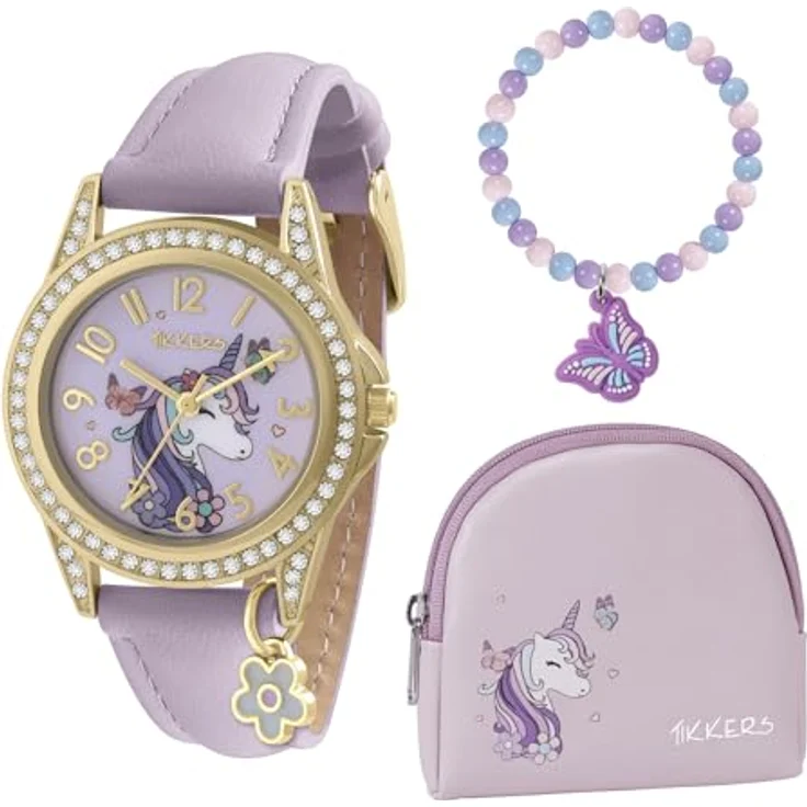 Tikkers ATK1106, Kinder Armbanduhr mit Einhorn-Zifferblatt, hellgoldenem Gehäuse und lilafarbenem Lederarmband – Bild 2