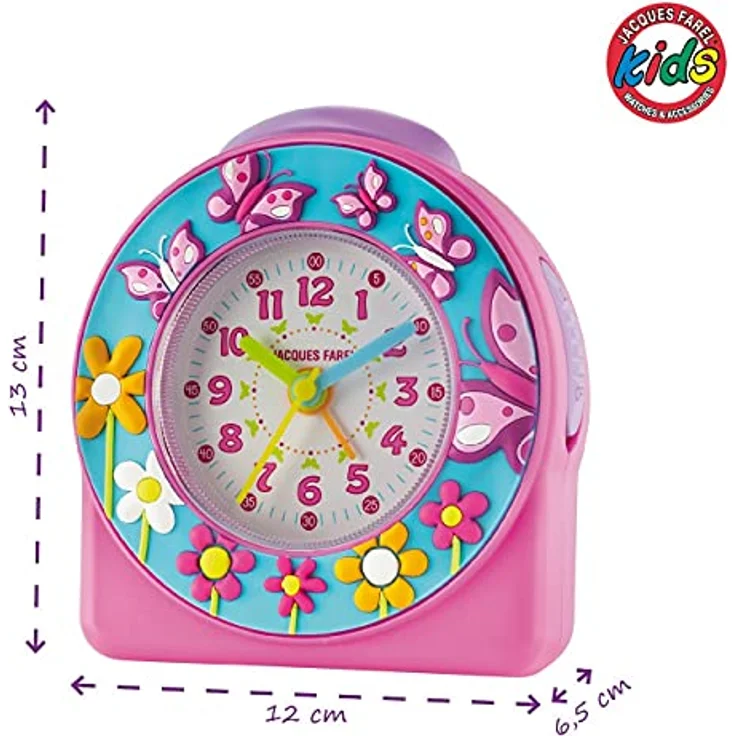 JACQUES FAREL ACW 69, Kinderwecker Lernwecker mit 3D Schmetterlingen und Blumen, Pink-Türkis, lautlos, mit Snooze und Ziffernbeleuchtung, analog Quarz – Bild 4