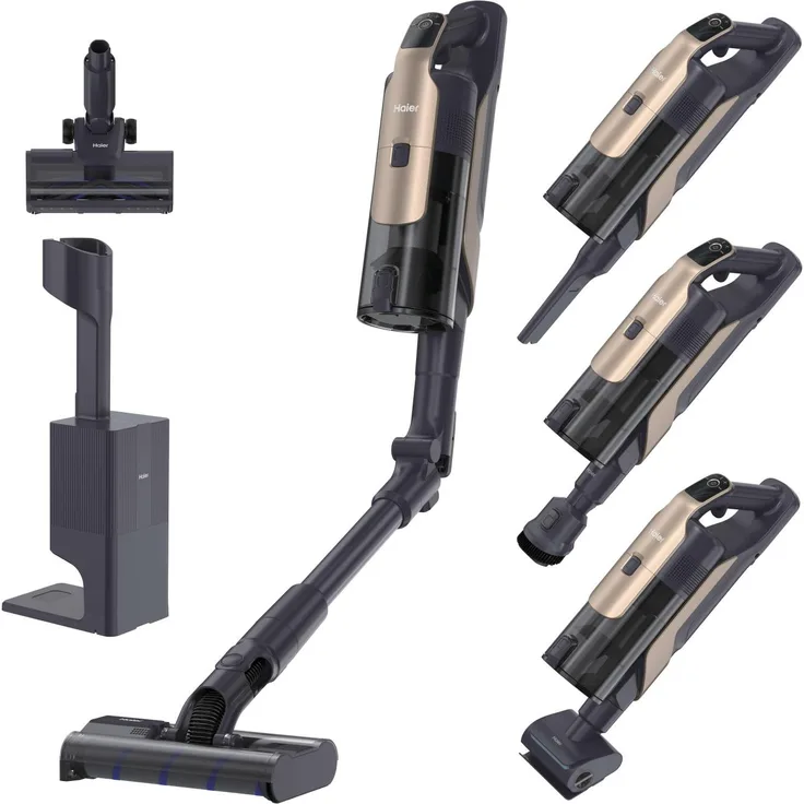 Haier I-Pro Clean M5 HCVM5550PX 0LL, Beutelloser Stabstaubsauger mit 250 AW Saugkraft, schwarz und bronze, 0,85 l, Metall
