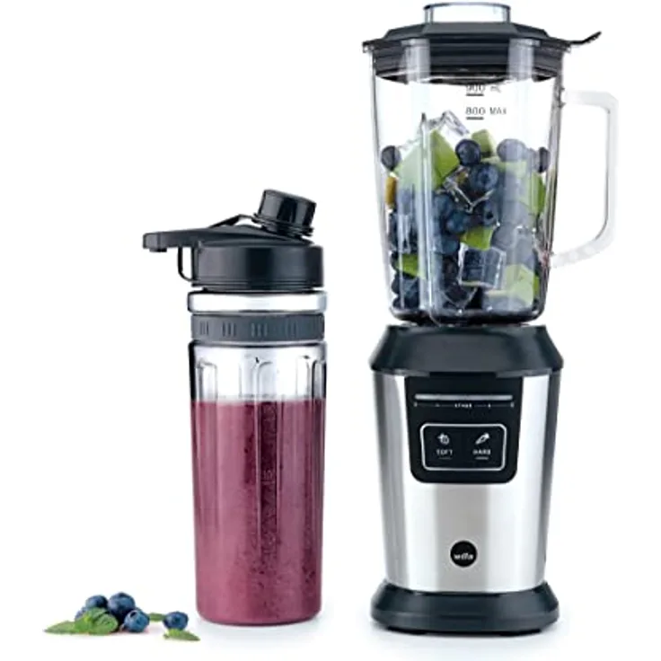 Wilfa Standmixer ACTIVLIFE I Smoothiemaker I BPA-frei I 6-Klingen-Edelstahlmesser I 0,8l Mixbehälter I 800 Watt I inkl. 2GO Flasche (silber-schwarz)