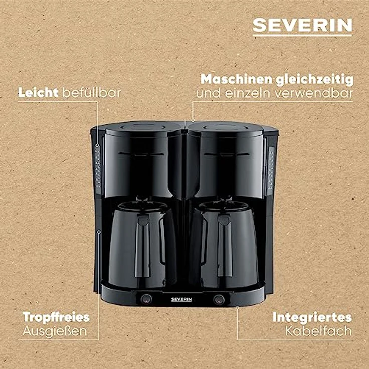 SEVERIN Duo-Filterkaffeemaschine mit Thermokanne, Kaffeemaschine für bis zu 16 Tassen, ansprechende Filtermaschine mit 2 Isolierkannen, schwarz, KA 9315 – Bild 4