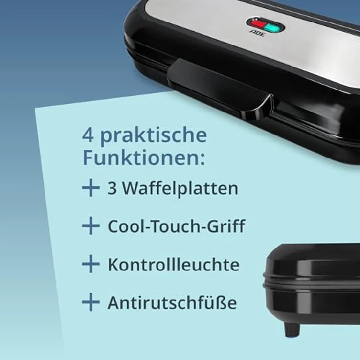 ADE XXL Waffeleisen belgische Waffel | für 3 runde Waffeln gleichzeitig | 1.200 Watt Power | Antihaftbeschichtung | perfekt für Kindergeburtstag & Familienfeiern – Bild 3