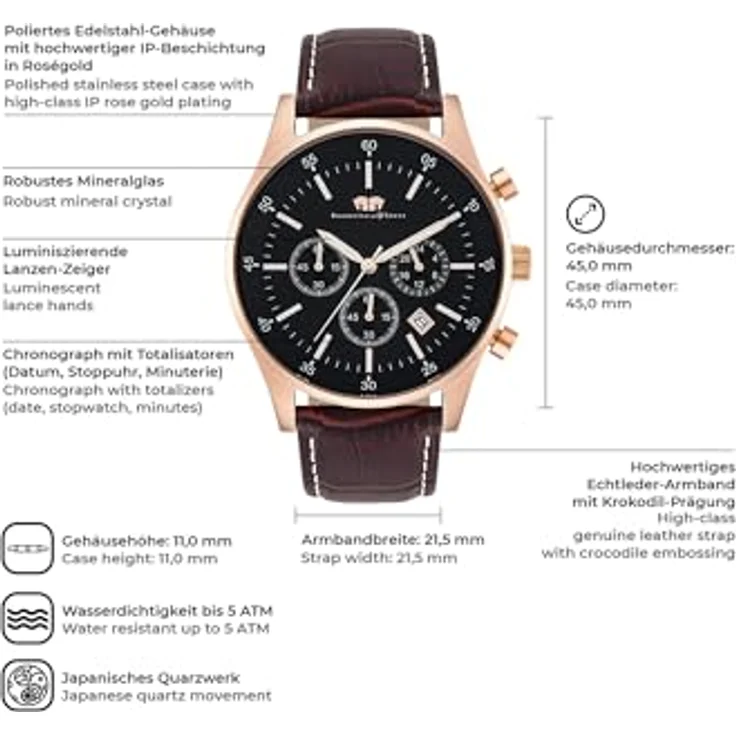 Rhodenwald & Söhne Goodwill Herrenuhr Chronograph Edelstahl roségold schwarz 5 ATM Präzisions-Quarzwerk Echtlederarmband Dunkelbraun Armbanduhr – Bild 2