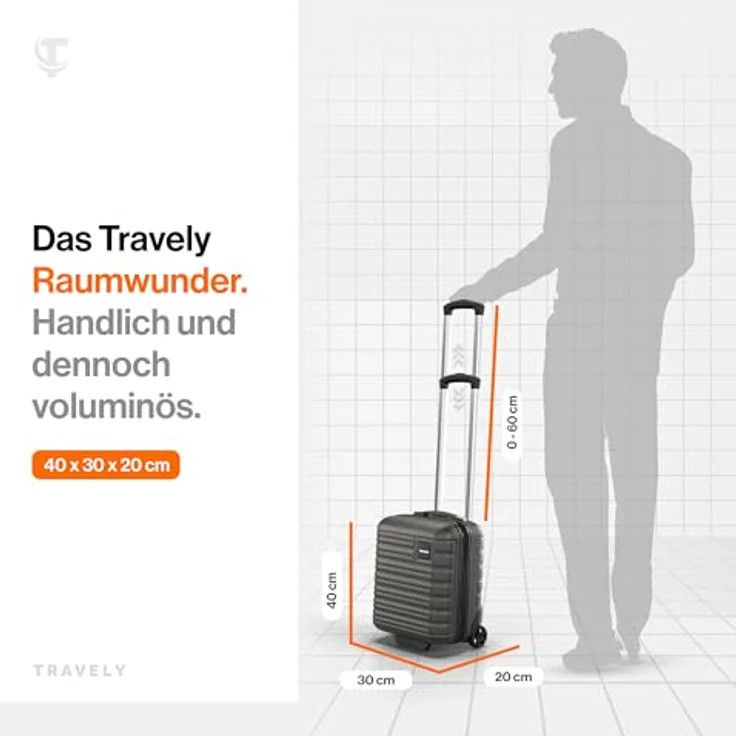 Travely Premium Handgepäck Koffer 40x30x20cm - Mondsteingrau, 26L Trolley Handgepäck mit sanften Rollen – Bild 4