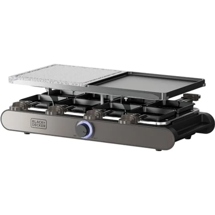 Black+Decker Raclette-Grill für 8 Personen, 1400 W, 21 x 21 cm Platten, umkehrbare und antihaftbeschichtete Platte, Naturstein, Zubehör inklusive, PFOA-frei
