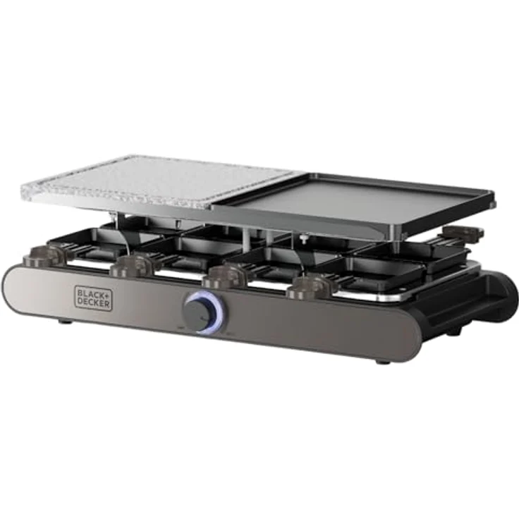 Black+Decker Raclette-Grill für 8 Personen, 1400 W, 21 x 21 cm Platten, umkehrbare und antihaftbeschichtete Platte, Naturstein, Zubehör inklusive, PFOA-frei – Bild 1