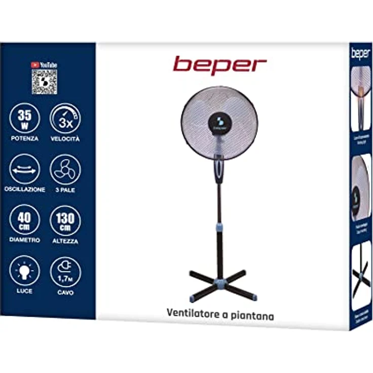 Beper P206VEN100 Standventilator, Schwarz, 3 Flügel, 3 Geschwindigkeiten, Durchmesser 40 cm, Oszillation, Black Stand Fan – Bild 7