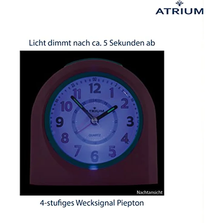 Atrium Kinder Wecker Analog Quarz mit Licht und Snooze, Rosa Türkis, 4-stufig ansteigendes Wecksignal, LED-Nachtlicht, 10x10x5 cm – Bild 5
