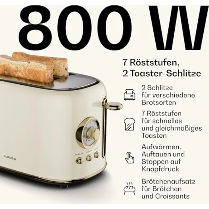 Klarstein Victoria Frühstücksset, 2-Scheiben-Toaster mit Brötchenaufsatz, 1,7L Wasserkocher, 12 Tassen Filterkaffeemaschine, Retro Design, Warmhaltefunktion, Cream – Bild 4