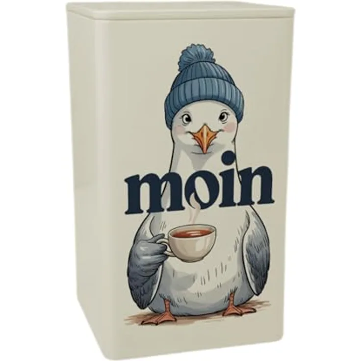 speecheese Möwe trinkt Friesentee Teedose 900ml, maritimes Design mit blau-weiß gestreifter Mütze und Schriftzug "MOIN"