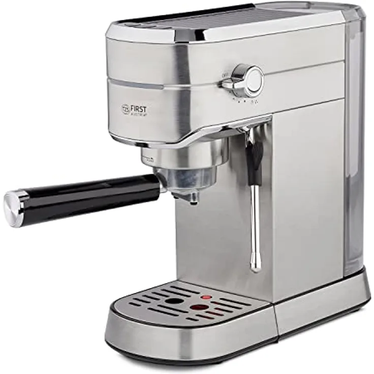 TZS First Austria Espresso Siebträgermaschine elektrisch, mit professionellem Milchschäumer, tauglich für Pads, 1L Wassertank, inkl. 2 doppelwandige Glasbecher, Edelstahl