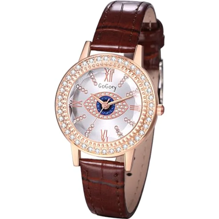 JewelryWe Analog Quarz Armbanduhr Damen, Braun mit bösem Blick und römischen Ziffern, PU Lederarmband und Strass-Dekor