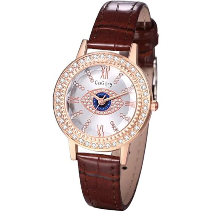 JewelryWe Analog Quarz Armbanduhr Damen, Braun mit bösem Blick und römischen Ziffern, PU Lederarmband und Strass-Dekor – Bild 1