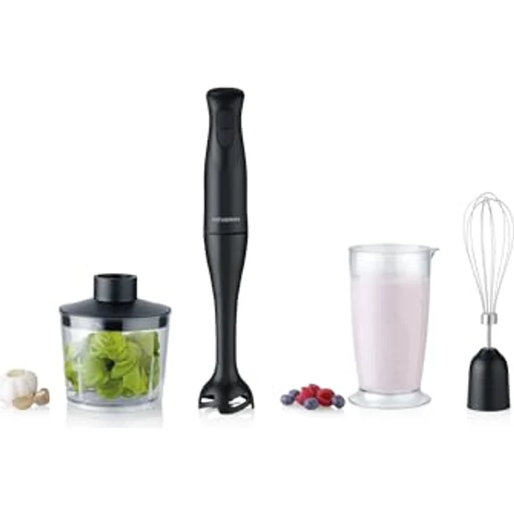 Severin SM 3762 4-in-1 Stabmixer, 350W mit 700ml Mix-/Messbecher, Schneebesen, Zerkleineraufsatz, abnehmbarer Pürierfuß, Turbotaste, schwarz – Bild 1