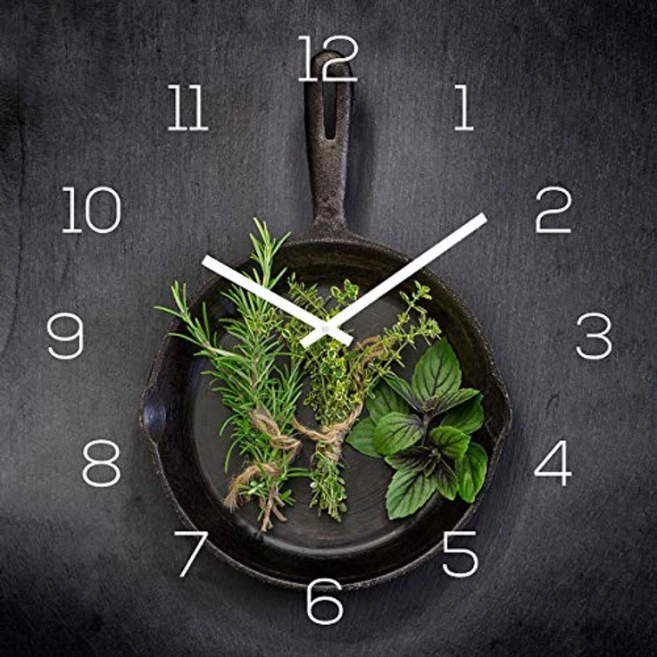 Wanduhr Alu-Dibond 30x30cm Uhr Alubild Kräuter Gewürze Pfanne Wanddeko Deko Aluminium Küchendeko Küchenuhr Einrichtung – Bild 1