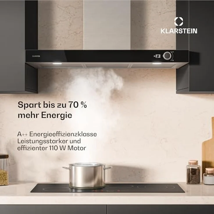 Klarstein AirNova Dunstabzugshaube - 90 cm Wandhaube, 628 m³/h Luftstrom, A++ Energieeffizienz, LED 6500 K, 68 dB, Edelstahl, Tastensteuerung, Umluft & Abluft – Bild 3