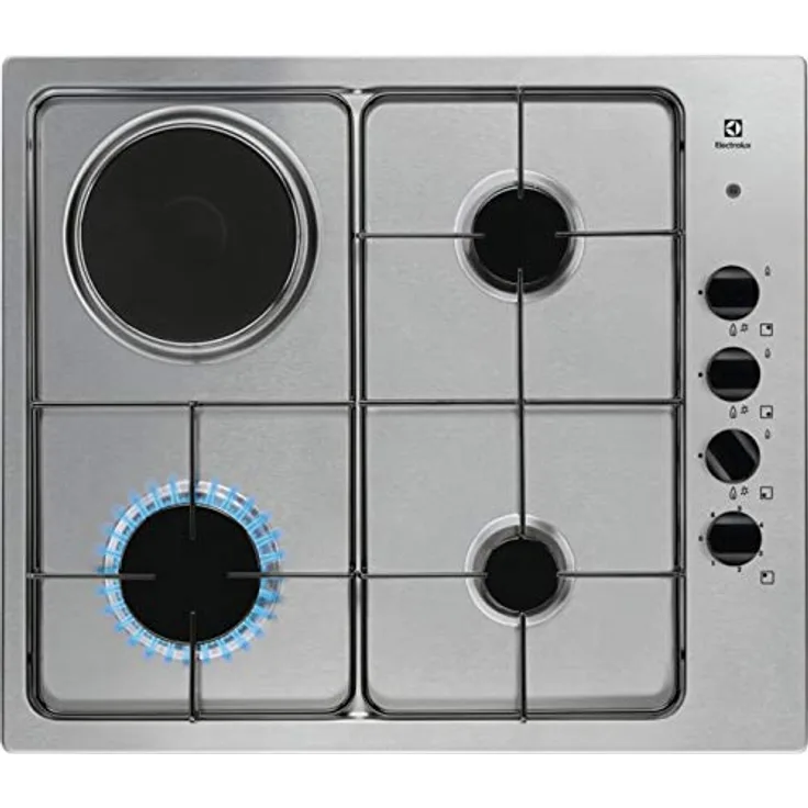 Electrolux EGL62821OX, Gas-Kochfeld mit 3 Brennern und 1 Elektroplatte, schwarze Gitter, integrierte Zündung