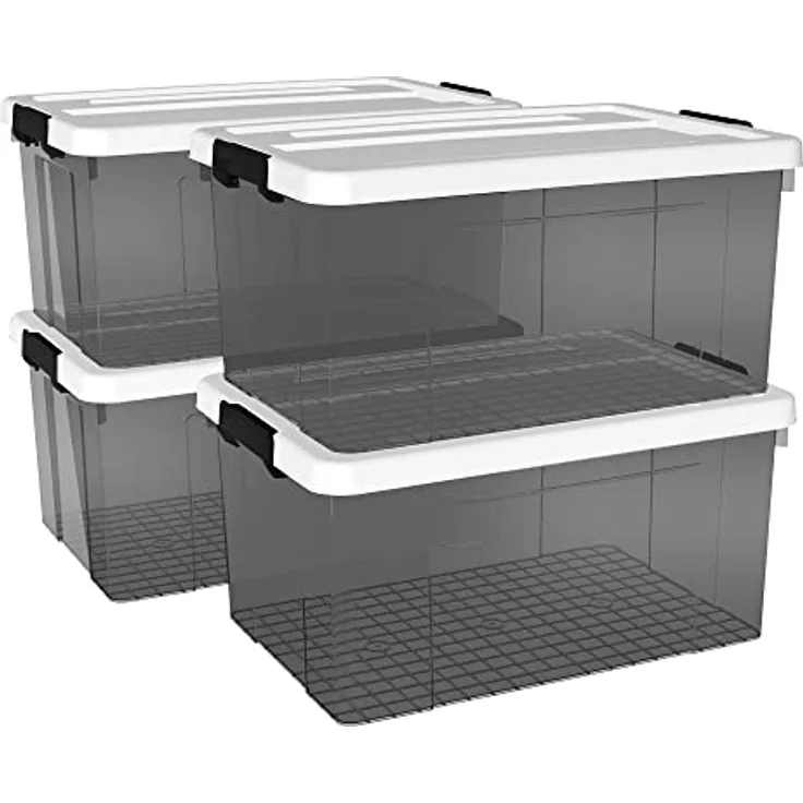 Cetomo 90L*4 Plastic Storage box, Tote box,Organizing Container with Durable Lid and Secure Latching Buckles, Stackable and Nestable, 4Pack, transparent black with Black Buckle