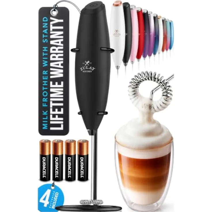 Zulay Kitchen Elektrischer Milchaufschäumer, kompakter Milchschäumer Stab für cremigen Schaum, schwarz, inklusive AA-Batterien