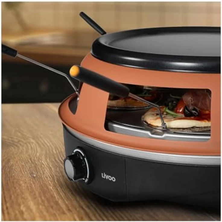 Livoo Pizzaofen Tischgrill für 6 Personen, verstellbares Thermostat, 1200 W, braun, inklusive 6 Mini-Pizzaschaufeln und 1 Ausstecher – Bild 2