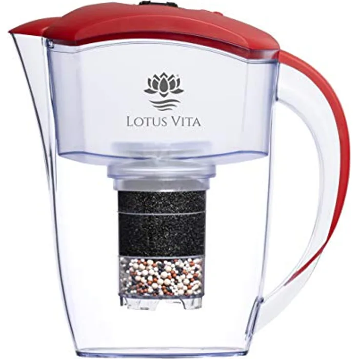 Lotus Vita ESPRIT div. Farben - Wasser Filterkanne mit Kartusche, Reduziert Kalk Chlor Blei aus Leitungswasser durch Aktivkohle Ionentauscher, BPA-frei (rot)