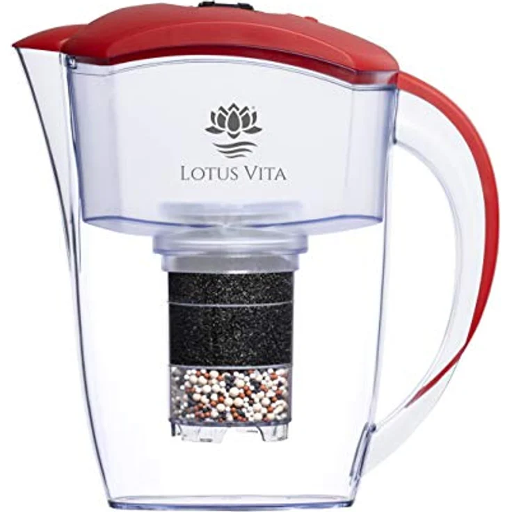 Lotus Vita ESPRIT div. Farben - Wasser Filterkanne mit Kartusche, Reduziert Kalk Chlor Blei aus Leitungswasser durch Aktivkohle Ionentauscher, BPA-frei (rot) – Bild 1