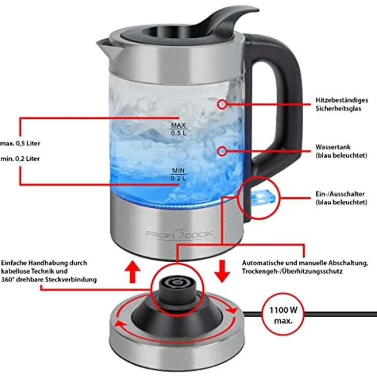ProfiCook PC-WKS 1228G Glas-Wasserkocher, 1100 Watt, 0,5 Liter, Wasserstandsanzeige, Kalkfilter, silber – Bild 4