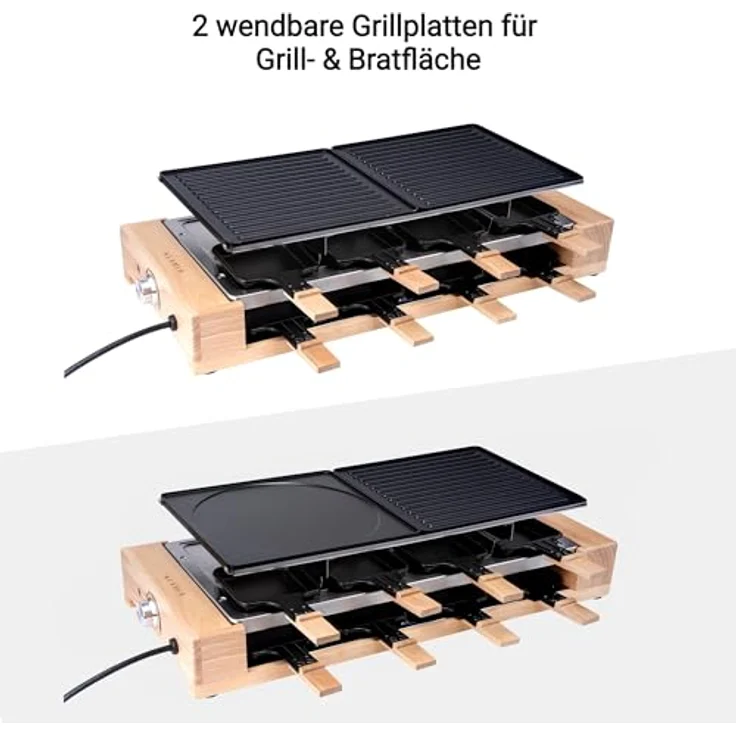 KLAMER Raclette 8 Personen, 1500W Raclette Grill mit Holzgestell, Raclette mit antihaftbeschichteter Grillplatte, 1500 – Bild 6