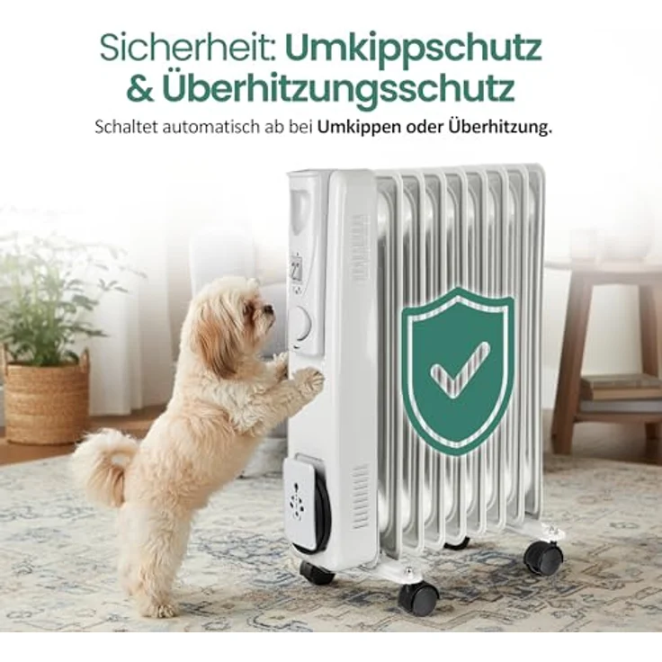 Emerio Ölradiator HO-128421, 9 Rippen, 2000 Watt, geeignet für Räume bis 15 m², einstellbares Thermostat, 3 Heizstufen, mit Kontrollleuchte und Kippschutz, mobil mit Rollen, weiß – Bild 6