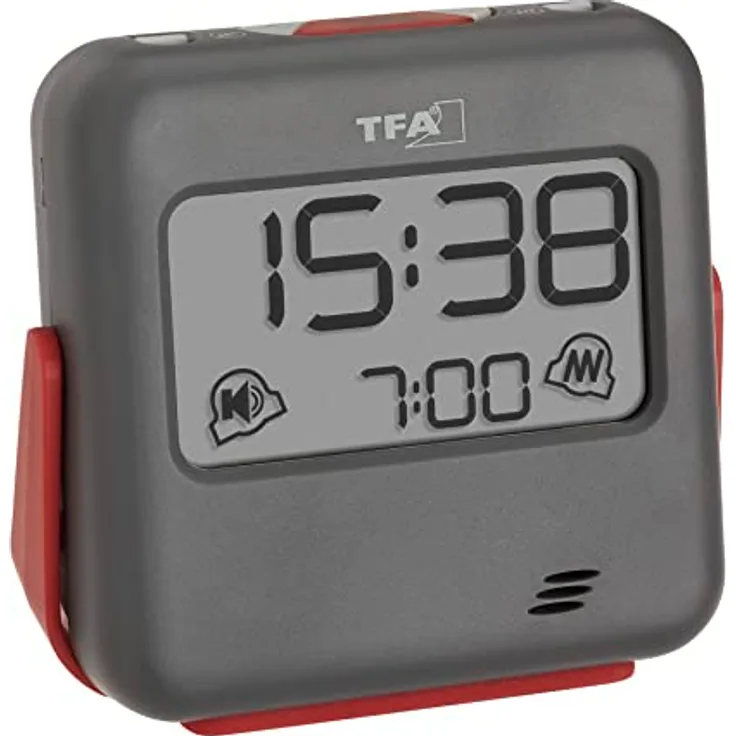 TFA Dostmann Reisewecker digital Buzz, 60.2031.10, mit Vibrationsalarm und lautem Weckton, ideal für Tiefschläfer, mit Tastensperre, grau, (L) 79 x (B) 28 (35) x (H) 74 mm