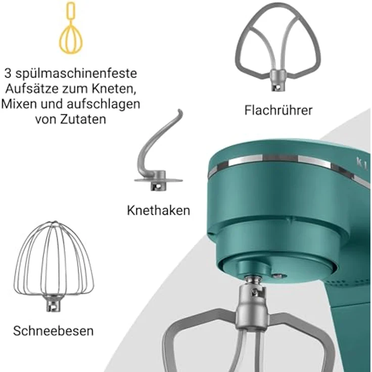 KLAMER Küchenmaschine 1800W, Knetmaschine mit 6 Liter Edelstahl Schüssel, 10 Geschwindigkeitsstufen mit Timer, Rührbesen, Knethaken, Schneebesen und Spritzschutz, in Silber – Bild 4