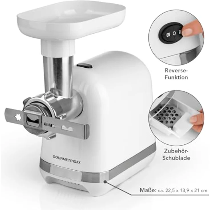 GOURMETmaxx Fleischwolf elektrisch, 1300 W mit 2 Lochscheiben & 3 Spezialaufsätzen für 1,5 kg Fleisch pro Minute – Bild 6