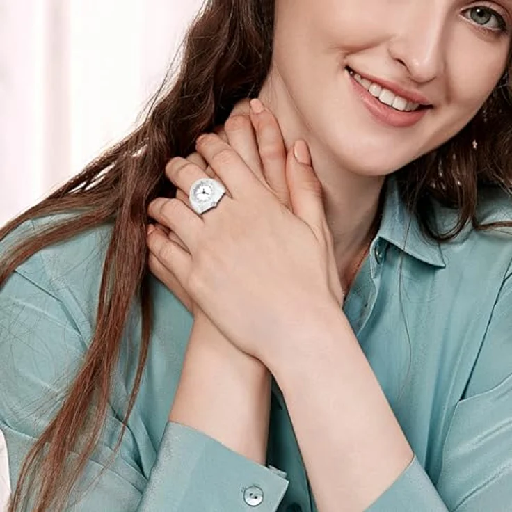 JewelryWe Ringuhr, Elastische Analog Quarz Uhr mit weißem Edelstahl Stretch Band für Damen und Herren – Bild 2