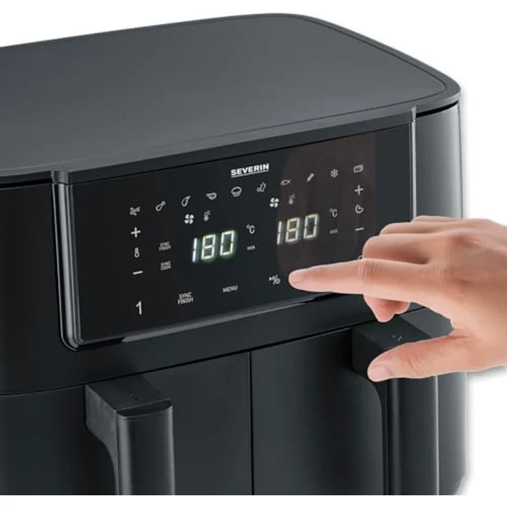 SEVERIN FR 2463 Heißluftfritteuse Black Line „Dual“, 2 x 4L Garkörbe, 360° Heißluft Technologie, Sync Cook & Sync Finish, intuitive Touch-Bedienung mit 10 Automatik-Programmen – Bild 5
