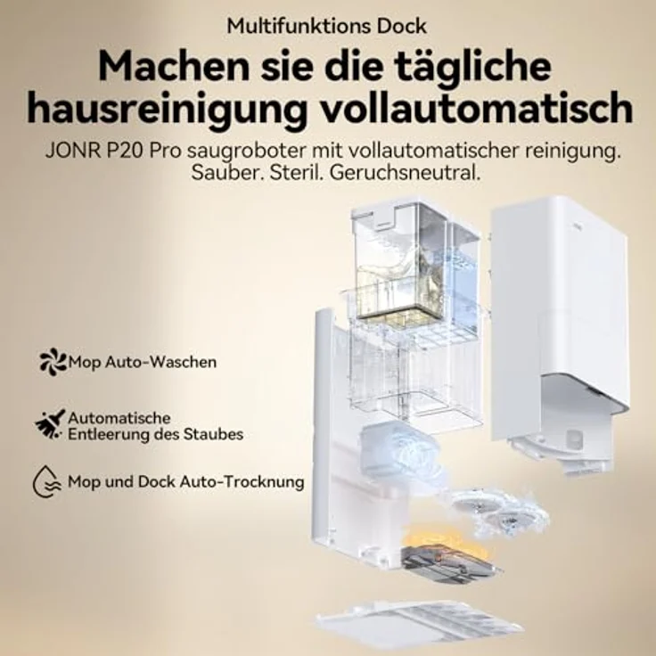 JONR P20 Pro Saugroboter mit Wischfunktion und Hubmop, 8000Pa All-in-One Reinigungsstation, Hindernisvermeidung, Adaptive Kantenreinigung, Heißlufttrocknung – Bild 3