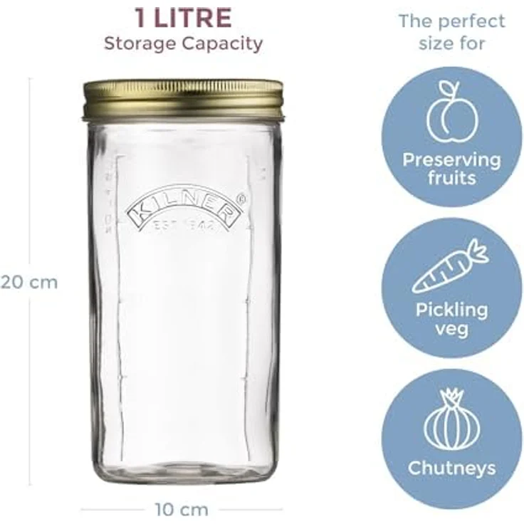 KILNER Einmachglas 1l, Twist-Off mit vakuumversiegelndem Deckel, 4er Set, transparente Gläser mit Mengenskala – Bild 3