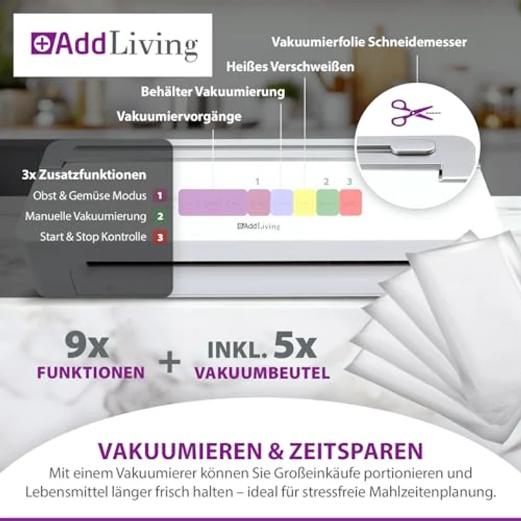 AddLiving Vakuumierer | Vakuumiergerät mit Touch Panel und Soft-Funktion für Obst und Gemüse | Inkl. 5 Vakuumbeutel (20 x 30 cm) | Für zuverlässiges Konservieren von Lebensmitteln – Bild 4