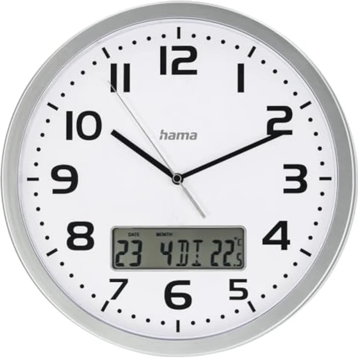 Hama Wanduhr Moorea (DCF Funkuhr, digitale Anzeige von Datum & Temperatur, Zeitzone einstellbar, Ø 30cm, 7 Sprachen, inkl. Batterie) Silber – Bild 2