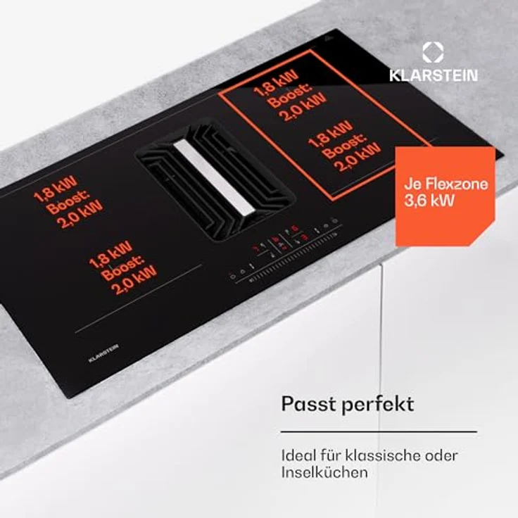 Klarstein 2-in-1 Kochfeld mit Dunstabzug Integriert 90cm, Induktionskochfeld für Kochinsel, 4er Kochfeld, 750 m³/h Luftstrom, Touch-Display, Energieeffizienz A – Bild 2
