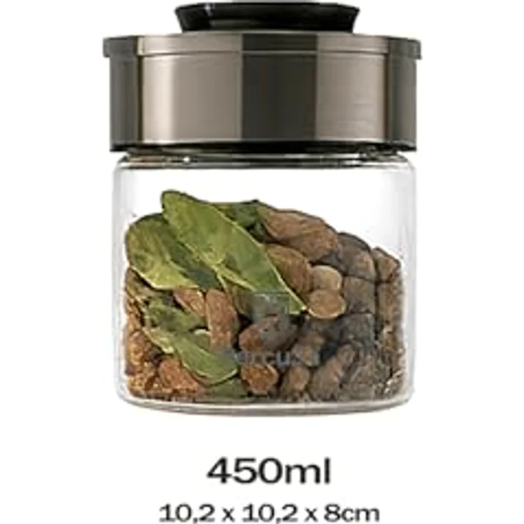BURI Vorratsglas Vakuumglas 6er Set 450ml, luftdicht, mottensicher, auslaufsicher, stapelbar, spülmaschinenfest mit Edelstahl Deckel und Easy Click Mechanismus – Bild 3
