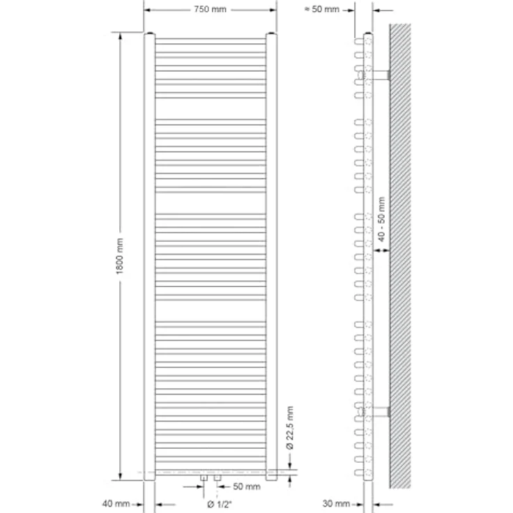 LuxeBath Badheizkörper 750 x 1800 mm Weiß Gebogen, Mittelanschluss, 1150 Watt Heizleistung – Bild 2