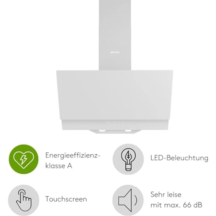 Wiggo A642 Dunstabzugshaube 60cm kopffrei I Abluft Umluft Dunstabzug 626m³/h - Touch-Display 4 Stufen I Energieeffizienzklasse A Schräghaube inkl. 2x Kohlefilter I Abzugshaube Glasfront weiß – Bild 2