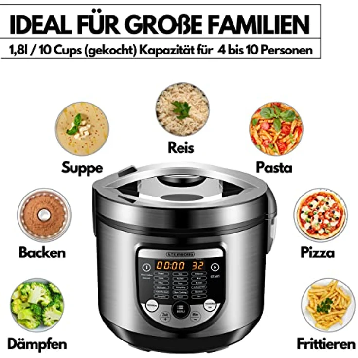 18in1 Multikocher Schongarer | 900 Watt | 5 Liter | Reiskocher | Dampfgarer | Speisewärmer | Sautierpfanne | Joghurtbereiter | Multi Kocher | Schnellkochtopf | Heißgarer | Garer – Bild 2
