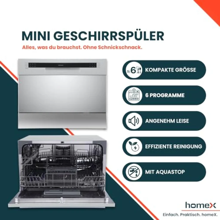 homeX GST6AD-S Mini Geschirrspüler, 6 Programme, AquaStop, für 6 Maßgedecke, Silber – Bild 2