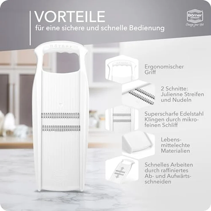 Börner Gemüseschneider Roko PowerLine, Rohkostschneider & Julienneschneider, robuste Reibe ohne Weichmacher und BPA, für feine Julienne-Streifen – Bild 5