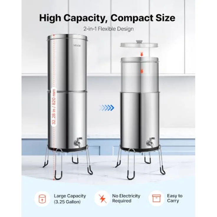 VEVOR Schwerkraft-Wasserfilter Wasserfiltersystem 12,3 L Edelstahl 304, reduziert Blei und bis zu 99 % Chlor, mit 2 Aktivkohlefiltern und 2 Fluoridfiltern, inkl. Wasserhahn & Ständer – Bild 6